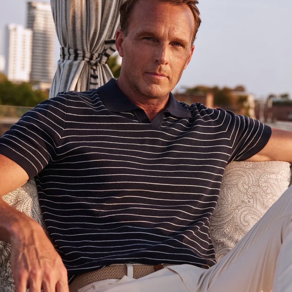 NEW Collars & Co Navy Blue White Stripe East Hampton Waffle Knit Polo‎ XXL 2XL